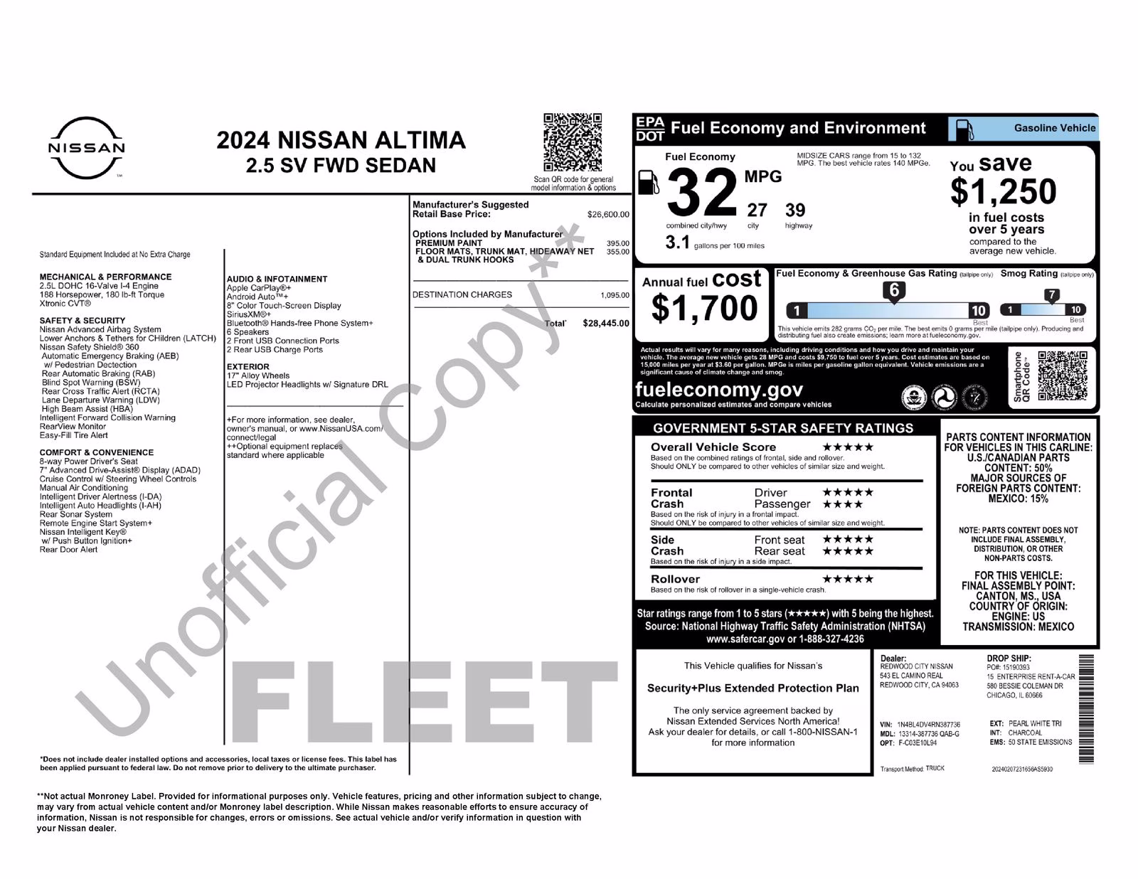 2024 Pearl White Nissan Altima 2.5 SV FWD Sedan