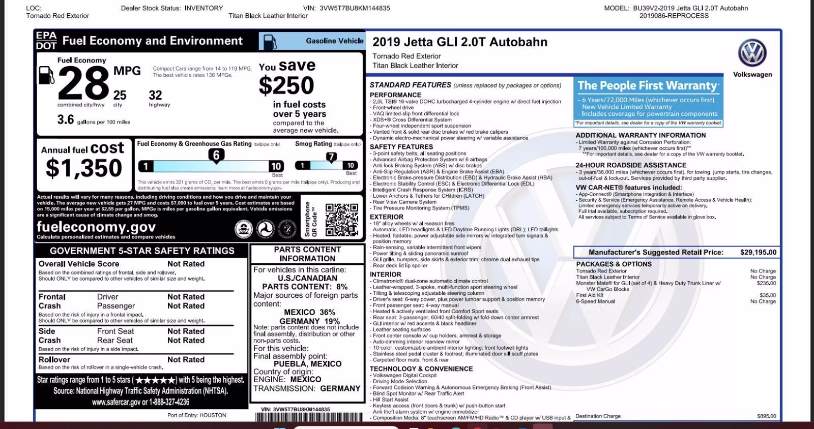 2019 Tornado Red Volkswagen Jetta GLI Autobahn FWD Sedan