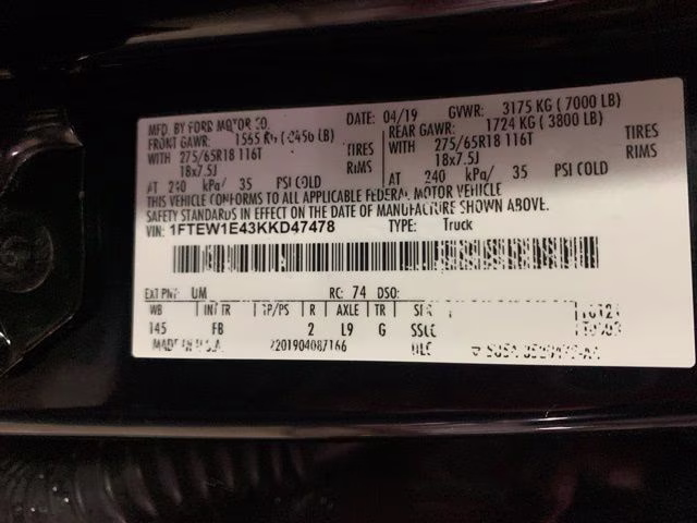 2019 Black Metallic Ford F-150 XLT 4X4 Truck