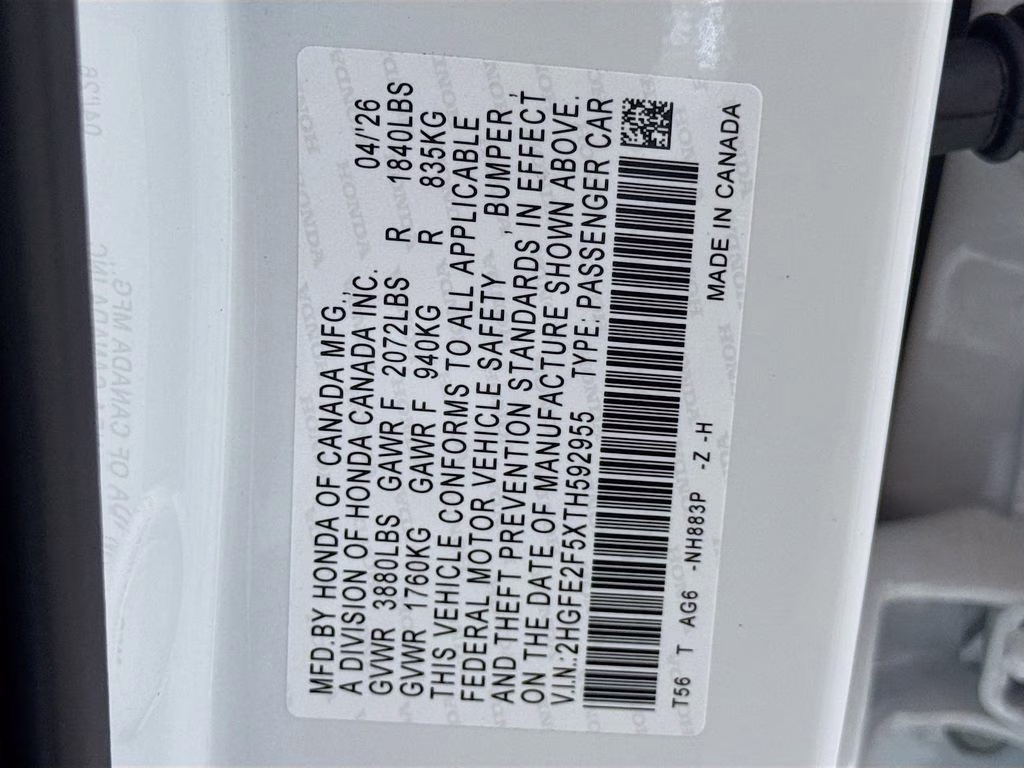 2026 Platinum White Pearl Honda Civic Sport FWD Sedan