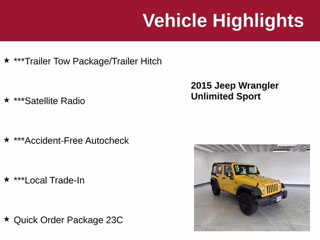 2015 Baja Yellow Clearcoat Jeep Wrangler Unlimited Sport 4X4 SUV