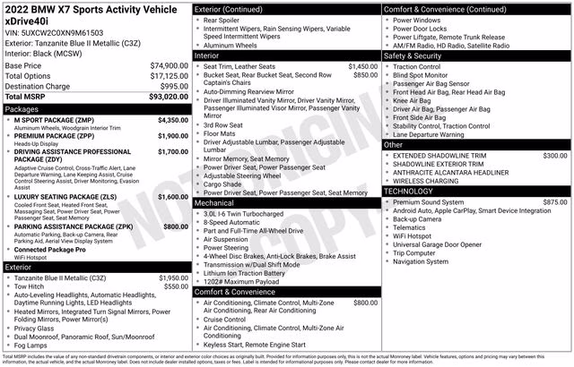 2022 Tanzanite Blue II Metallic BMW X7 xDrive40i AWD SUV