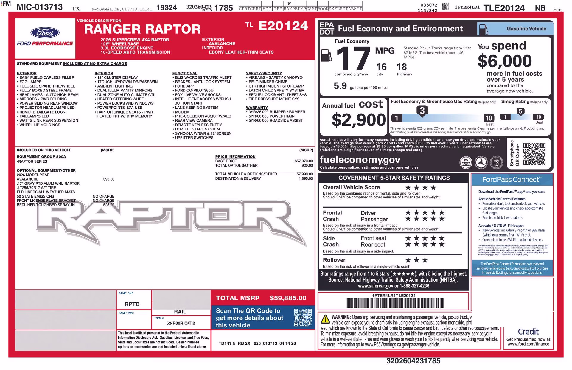 2026 Avalanche Ford Ranger Raptor 4X4 Truck