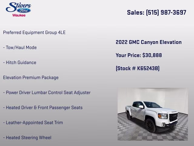 2022 Summit White GMC Canyon Elevation 4X4 Truck