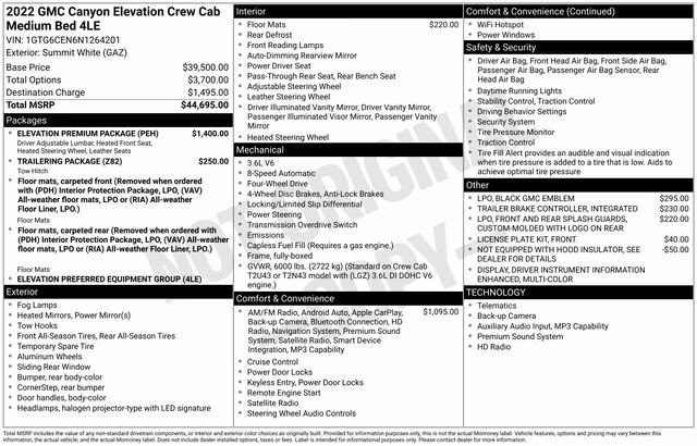 2022 Summit White GMC Canyon Elevation 4X4 Truck