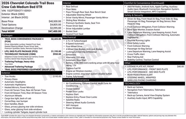 2026 Black Chevrolet Colorado Trail Boss 4X4 Truck