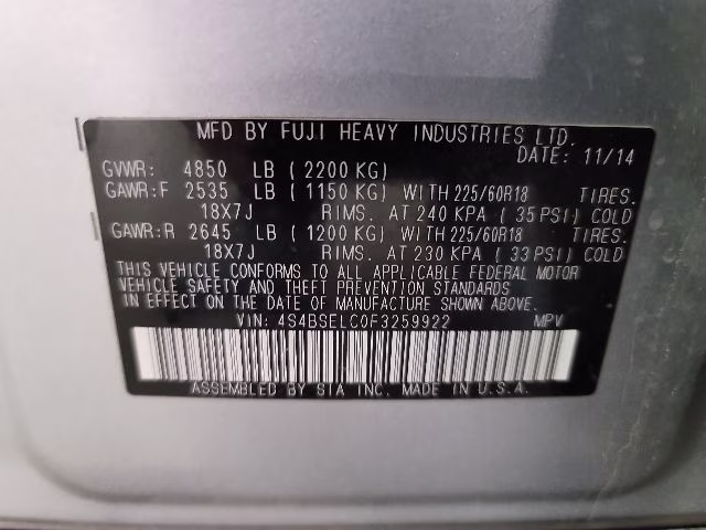 2015 Ice Silver Metallic Subaru Outback 3.6R AWD SUV