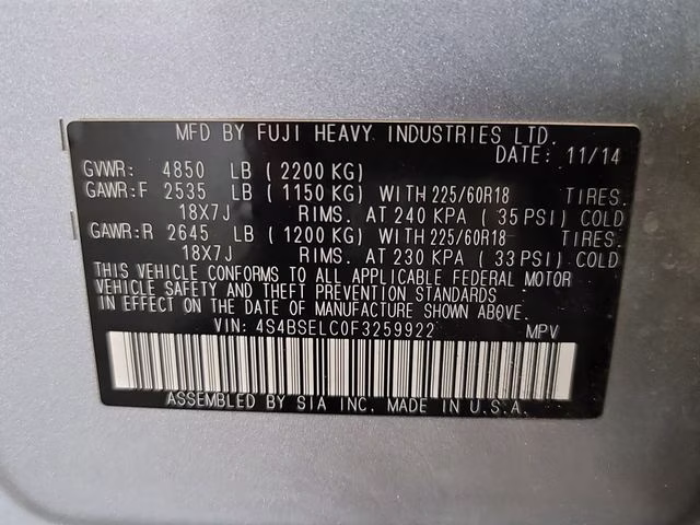 2015 Ice Silver Metallic Subaru Outback 3.6R AWD SUV