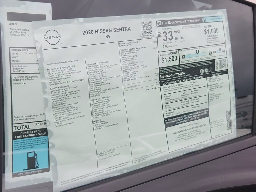 2026 Super Black Nissan Sentra SV FWD Sedan