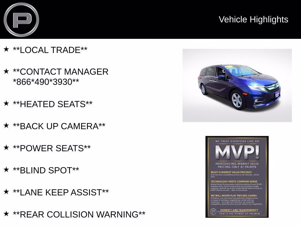2019 Blue Honda Odyssey EX FWD Van