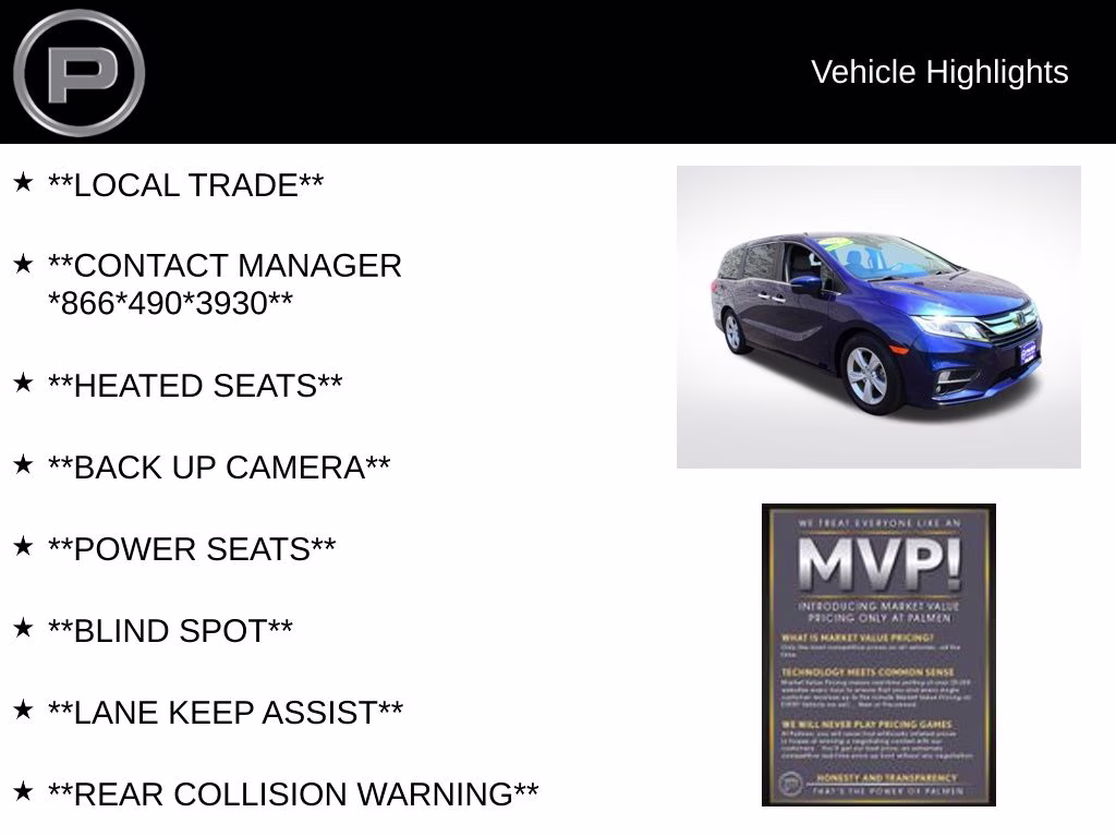 2019 Blue Honda Odyssey EX FWD Van