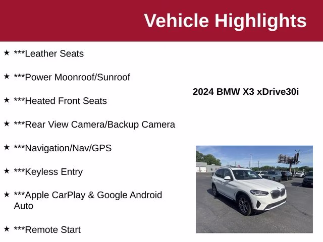 2024 Alpine White BMW X3 xDrive30i AWD SUV