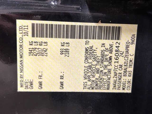 2012 Super Black Nissan Altima 2.5 SL FWD Sedan