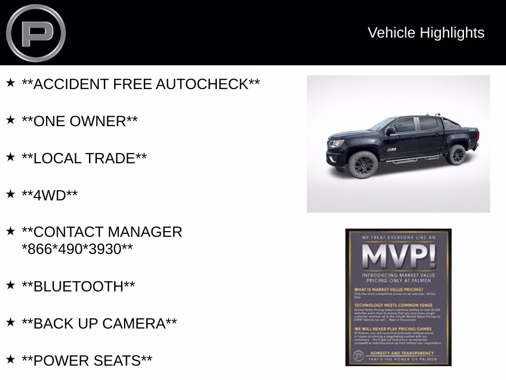 2017 Black Chevrolet Colorado Z71 4X4 Truck