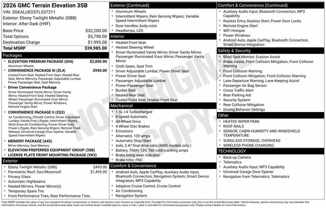 2026 Ebony Twilight Metallic GMC Terrain Elevation AWD SUV