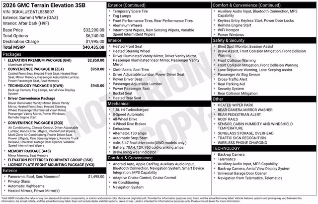 2026 Summit White GMC Terrain Elevation AWD SUV
