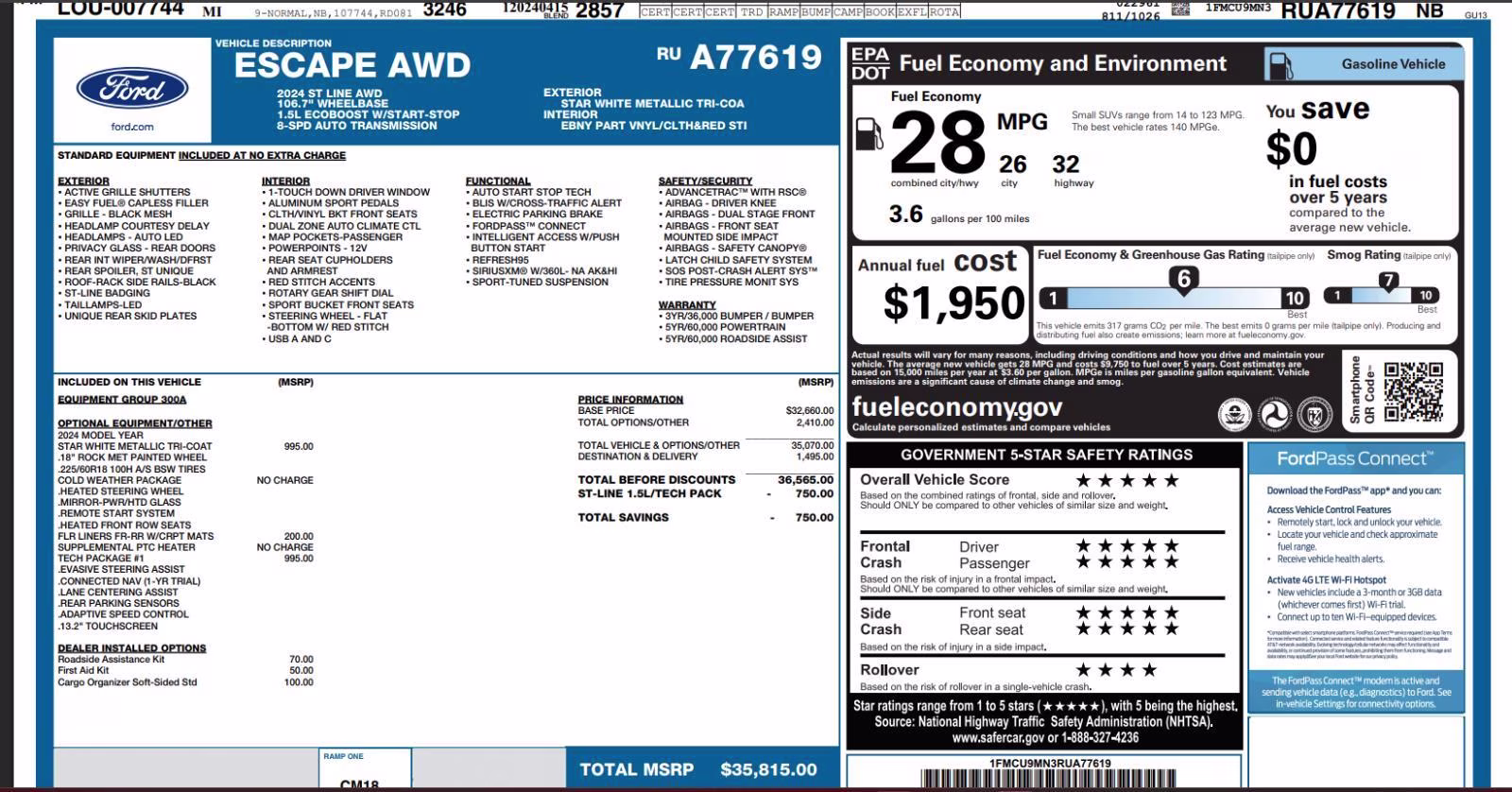 2024 Star White Metallic Tri-Coat Ford Escape ST-Line AWD SUV