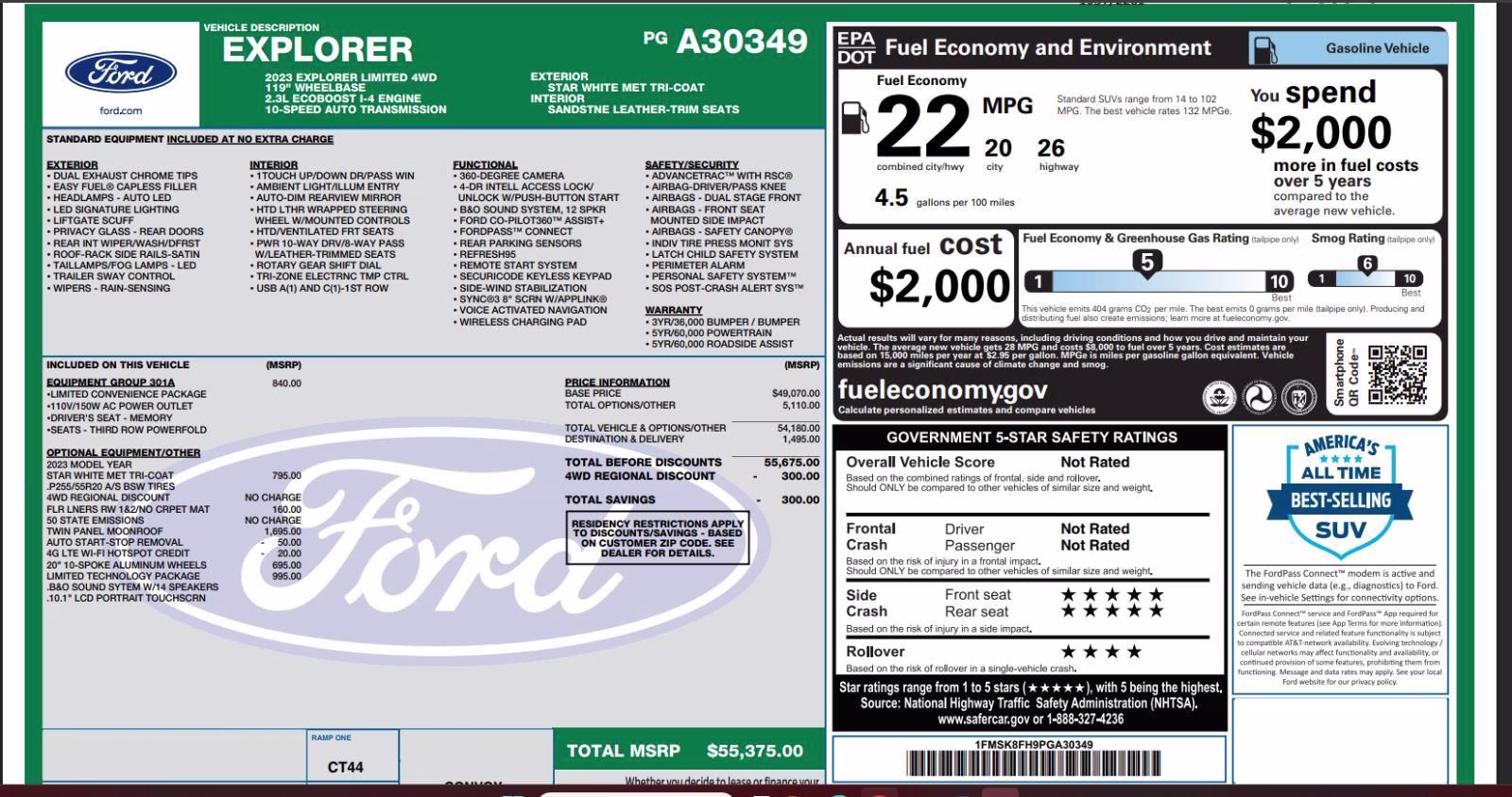 2023 Star White Metallic Tri-Coat Ford Explorer Limited 4X4 SUV