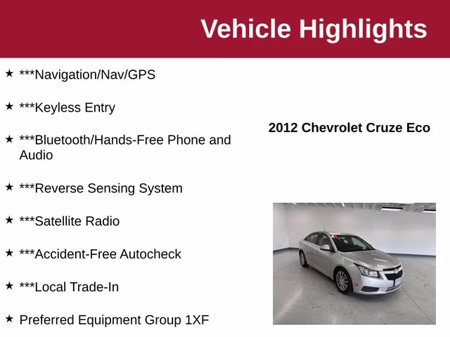 2012 Silver Ice Metallic Chevrolet Cruze ECO FWD Sedan