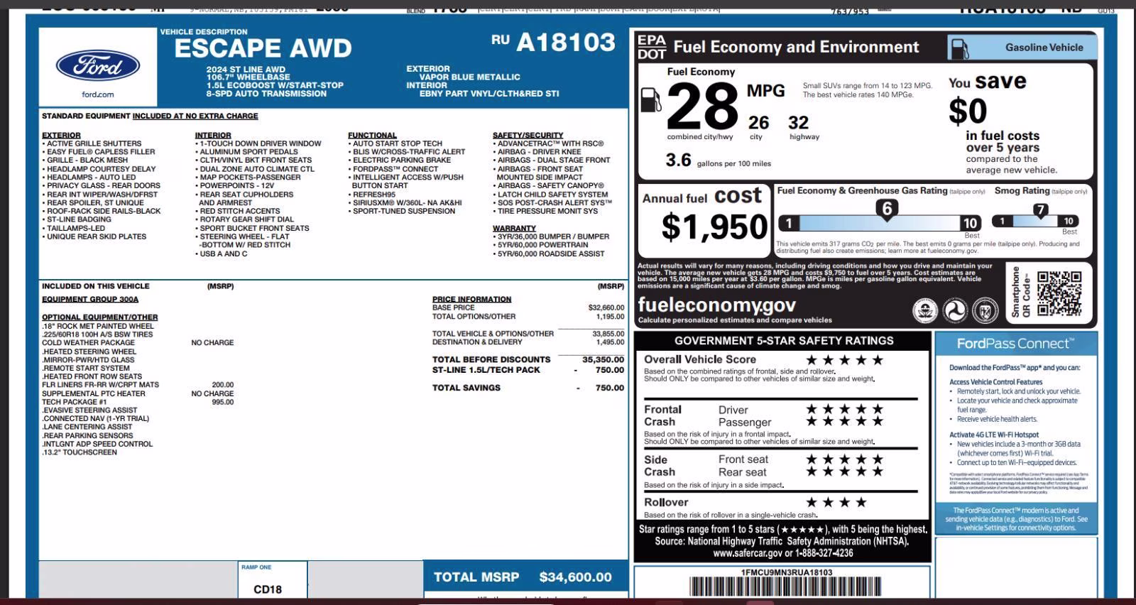 2024 Vapor Blue Ford Escape ST-Line AWD SUV