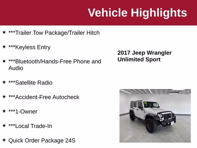 2017 Bright White Clearcoat Jeep Wrangler Unlimited Sport 4X4 SUV
