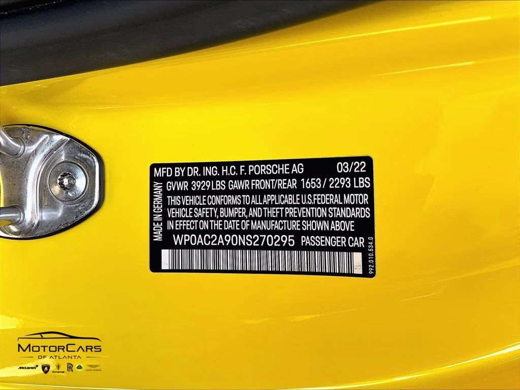 2022 Racing Yellow Porsche 911 GT3 Carbon Fiber Roof RWD Coupe