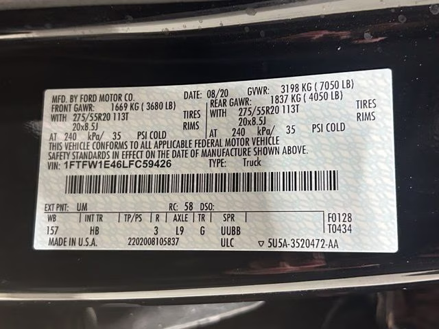 2020 Agate Black Metallic Ford F-150 Lariat 4X4 Truck