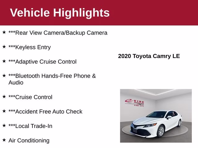 2020 Super White Toyota Camry LE FWD Sedan