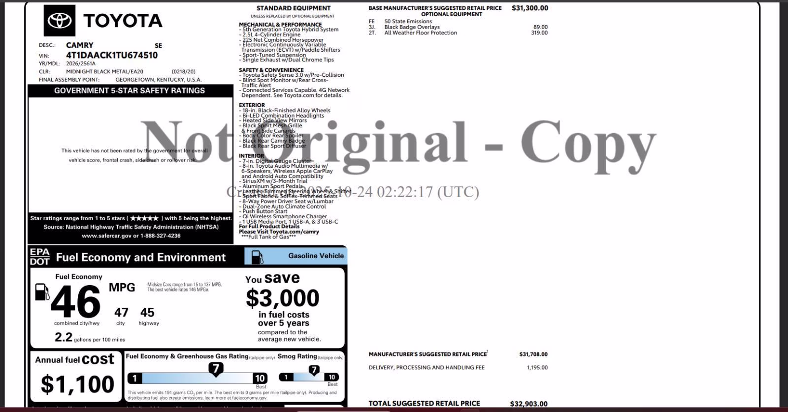 2026 Midnight Black Metallic Toyota Camry SE FWD Sedan