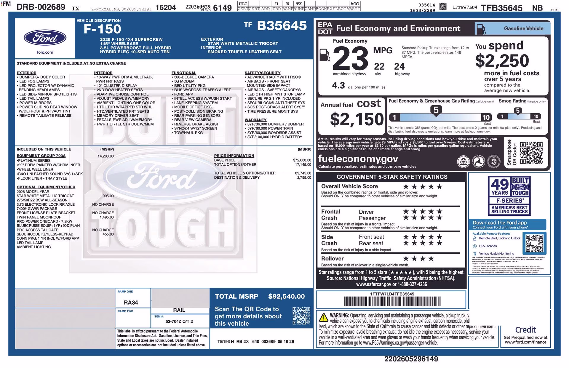 2026 Star White Metallic Tri-Coat Ford F-150 Platinum 4X4 Truck