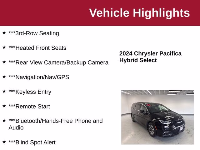 2024 Diamond Black Crystal Pearlcoat Chrysler Pacifica Hybrid Select FWD Van