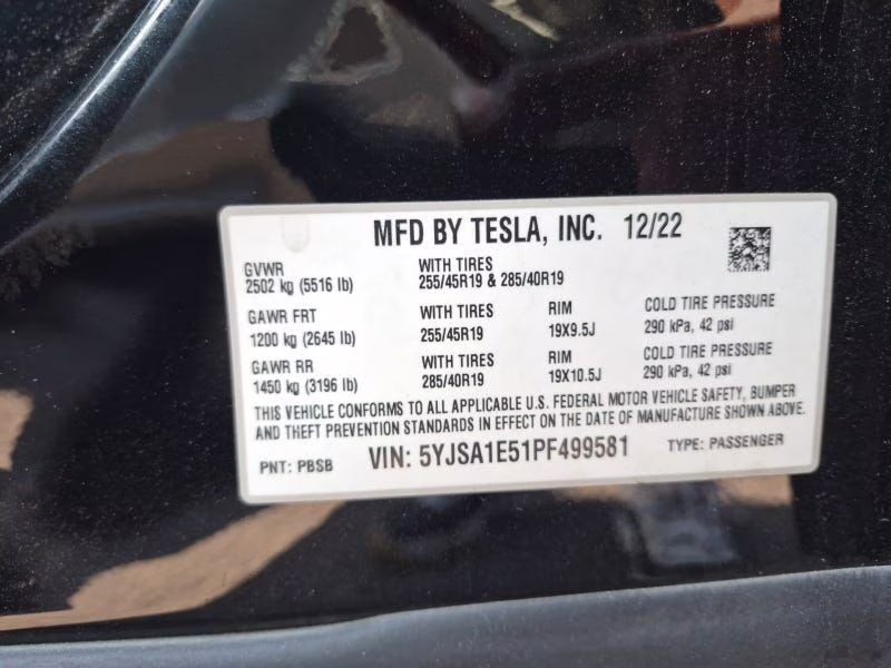2023 Black Tesla Model S Standard Range AWD Hatchback
