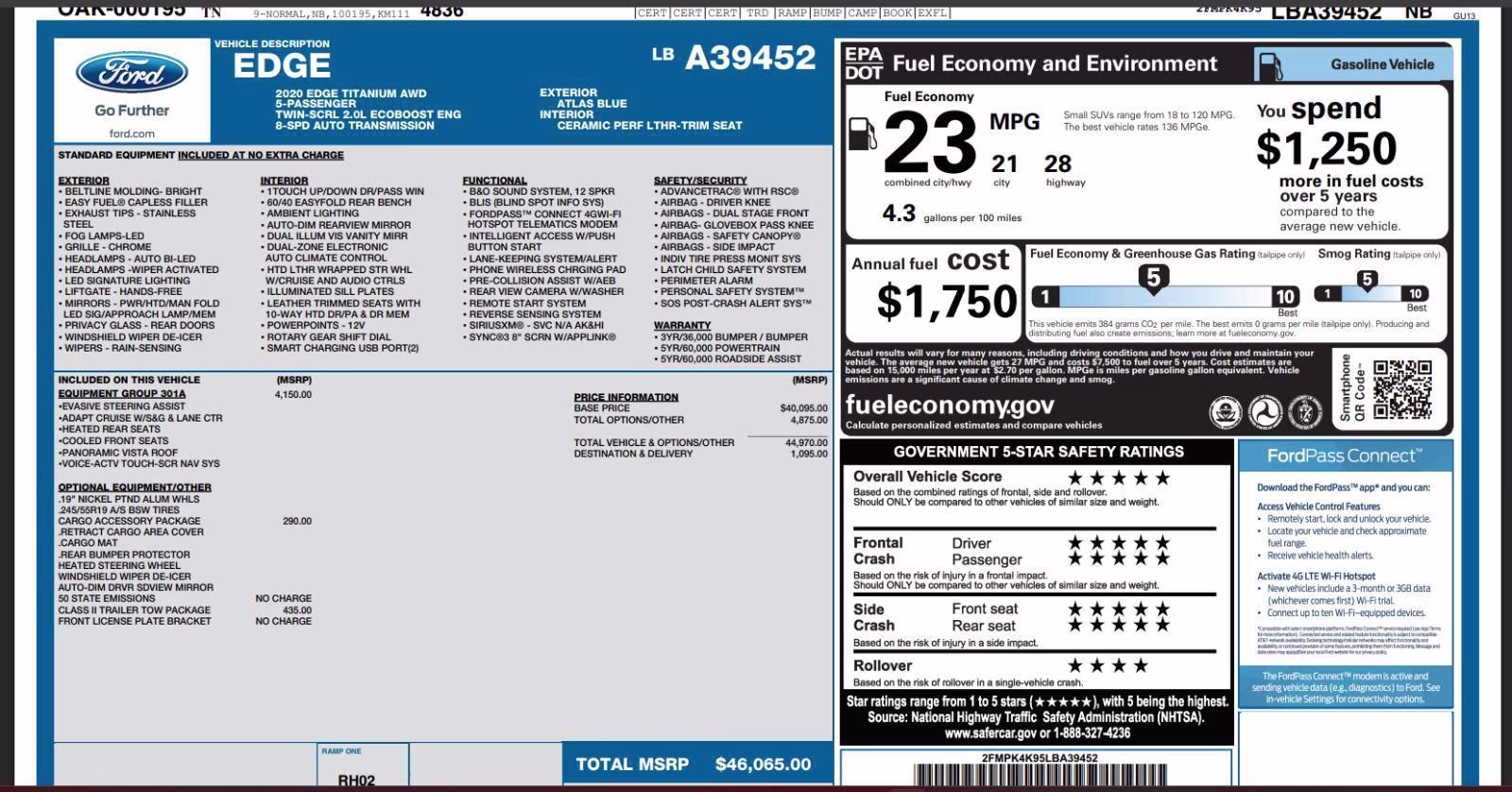 2020 Atlas Blue Ford Edge Titanium AWD SUV
