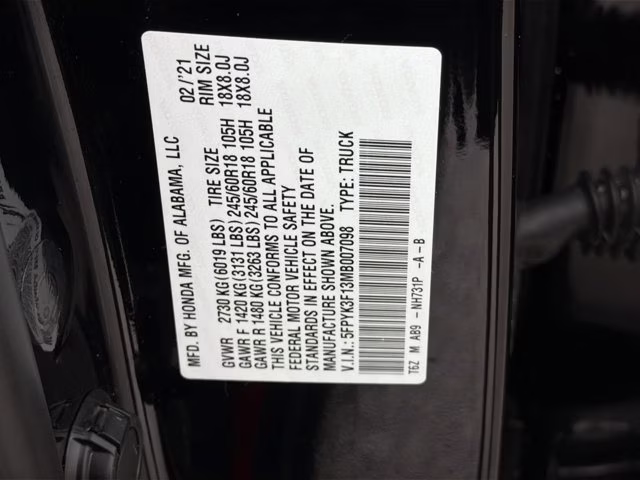 2021 Crystal Black Pearl Honda Ridgeline Sport AWD Truck