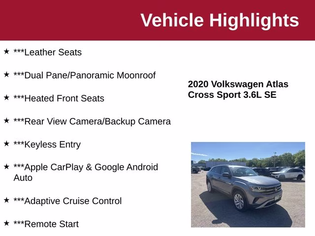 2020 Platinum Gray Metallic Volkswagen Atlas Cross Sport 3.6L V6 SE w/Technology R-Line AWD SUV
