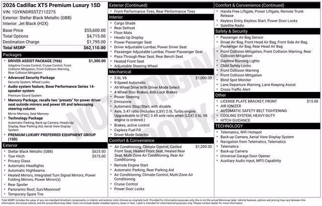 2026 Stellar Black Metallic Cadillac XT5 Premium Luxury AWD SUV