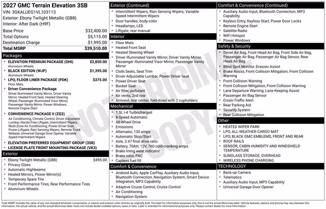 2027 Ebony Twilight Metallic GMC Terrain Elevation AWD SUV