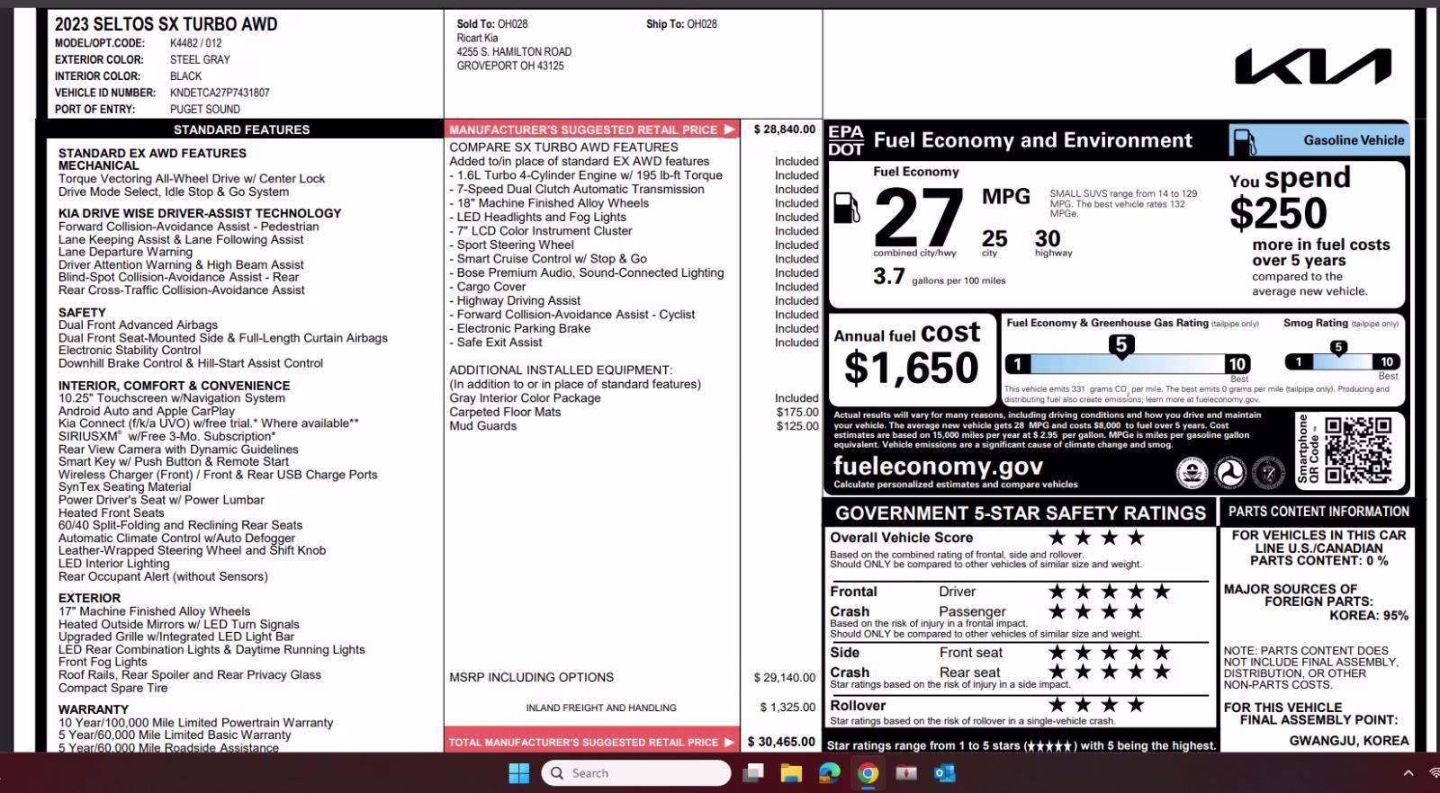 2023 Steel Gray Kia Seltos SX AWD SUV