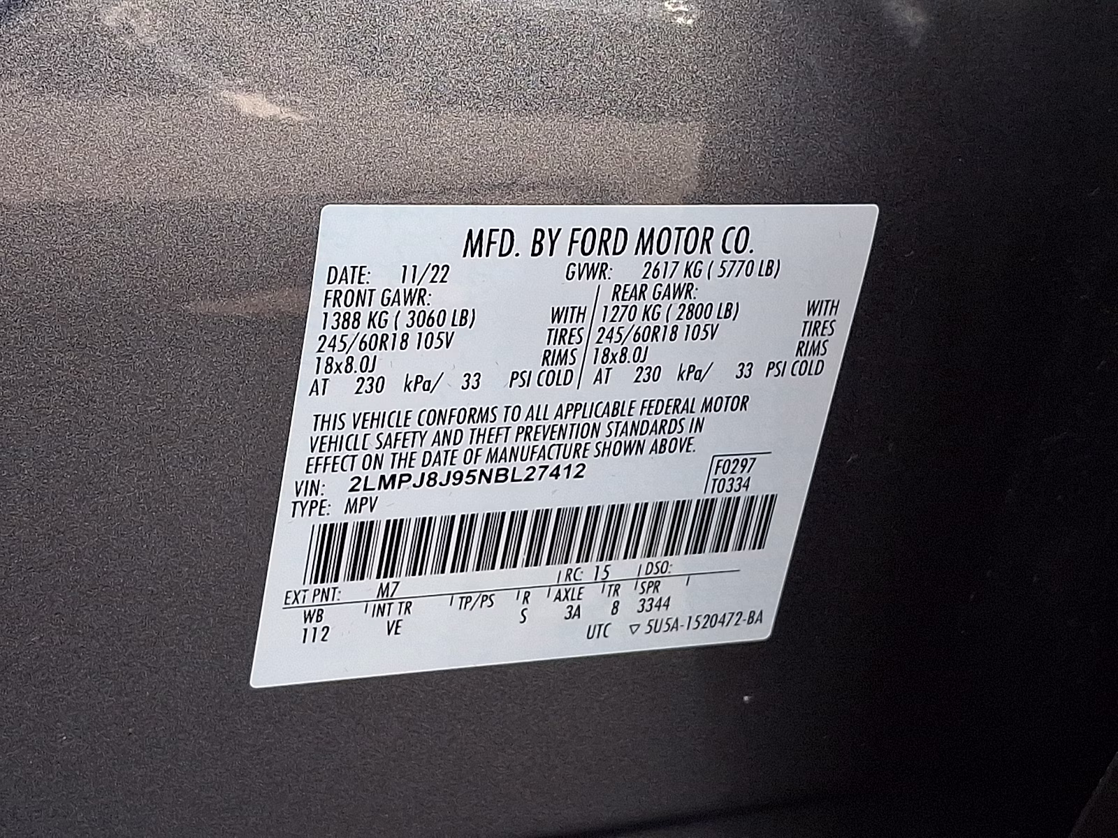 2022 Asher Gray Metallic Clearcoat - M7 Lincoln Nautilus Standard AWD