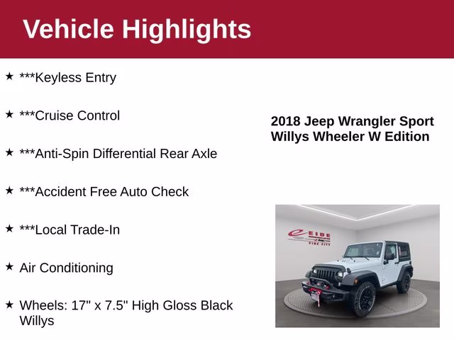 2018 Bright White Clearcoat Jeep Wrangler JK Willys Wheeler 4X4 SUV