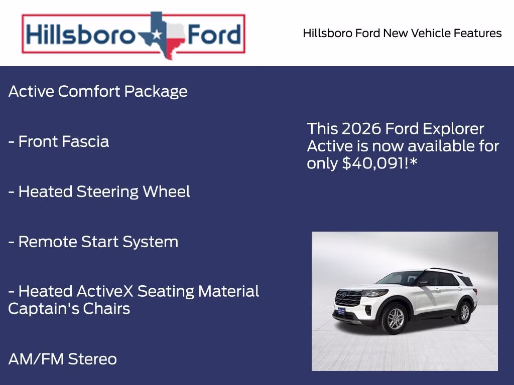 2026 Star White Metallic Tri-Coat Ford Explorer Active RWD SUV