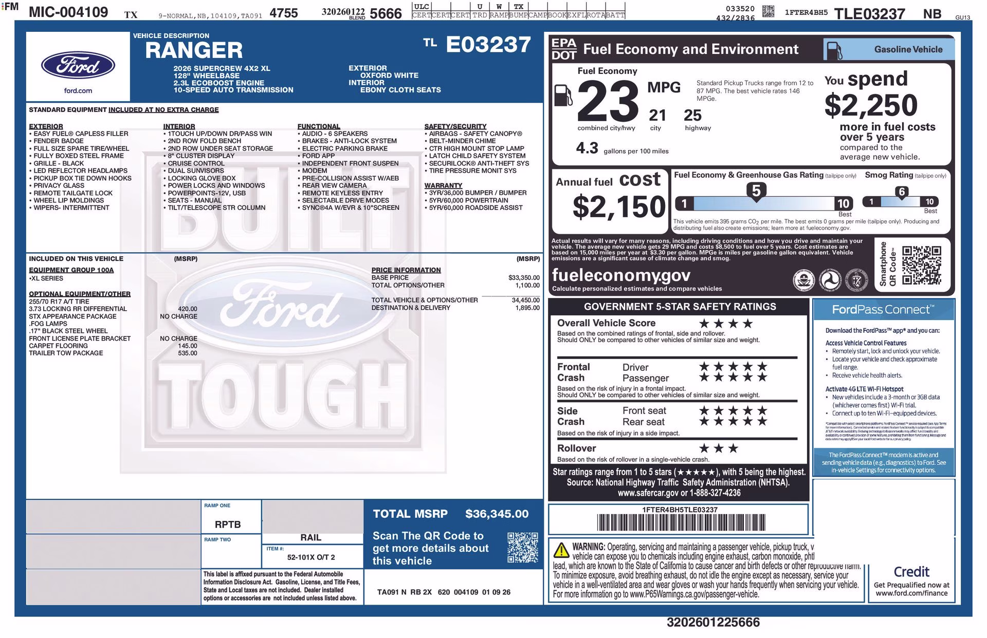 2026 Oxford White Ford Ranger XL RWD Truck