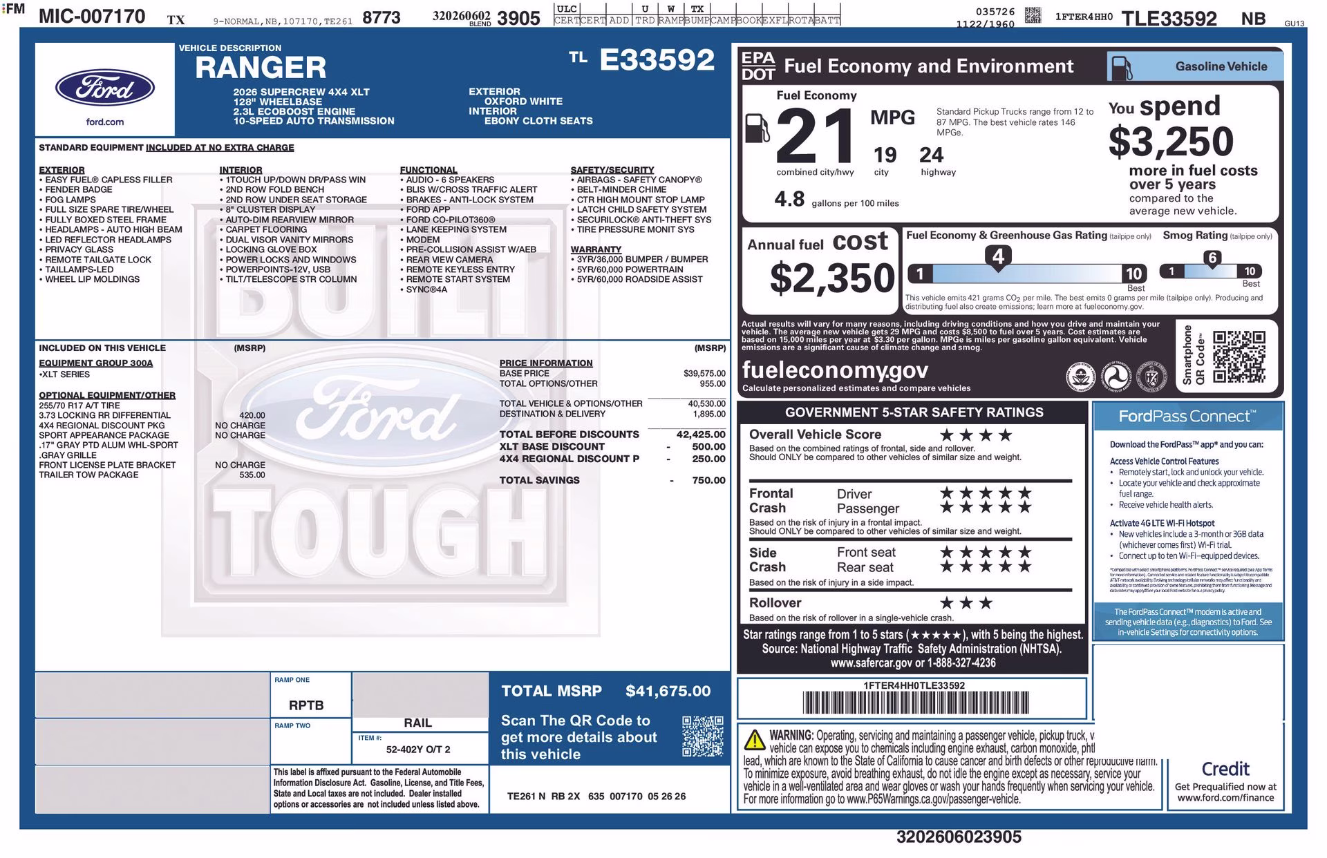 2026 Oxford White Ford Ranger XLT 4X4 Truck