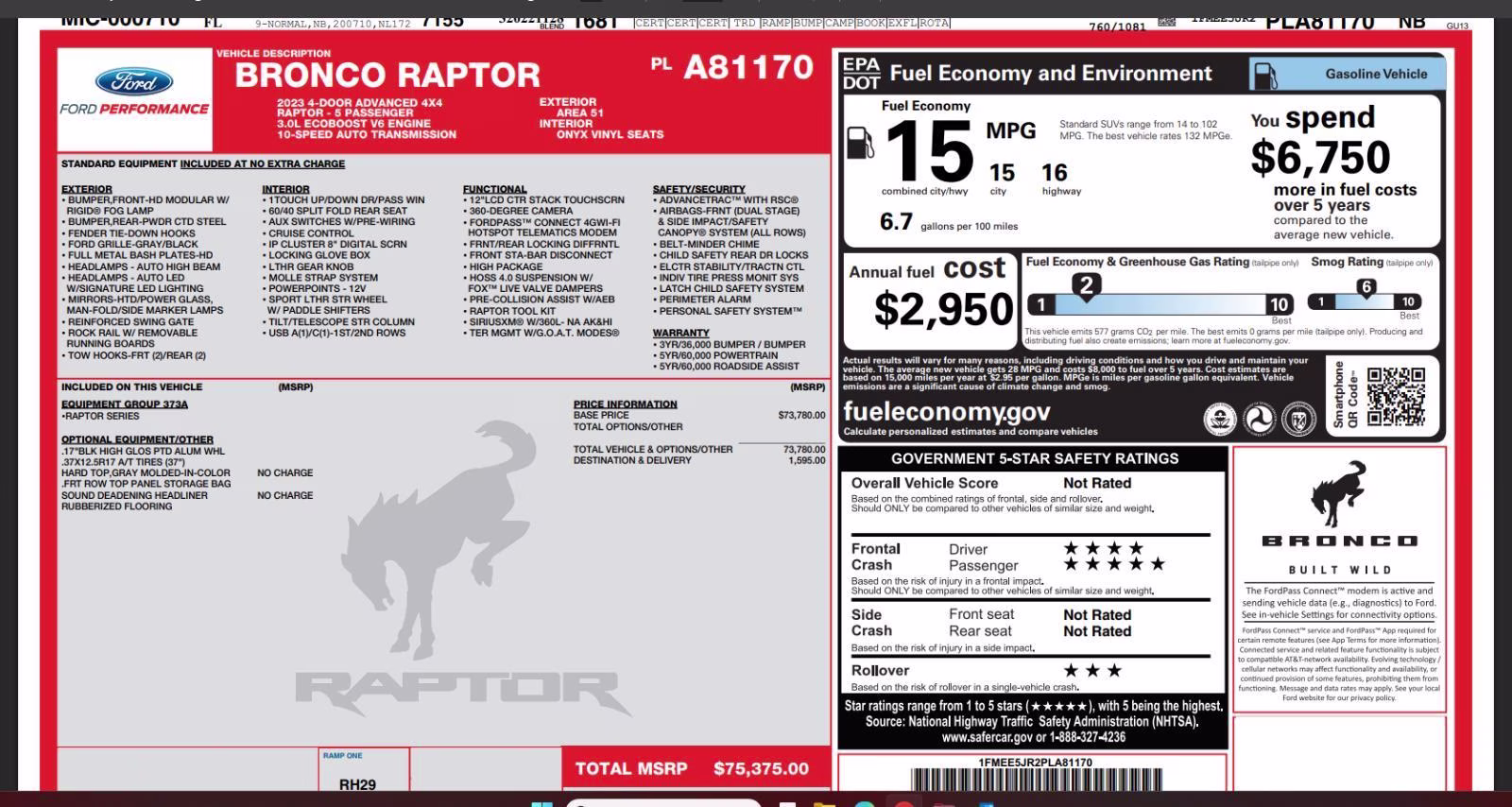 2023 Area 51 Ford Bronco Raptor 4X4 SUV