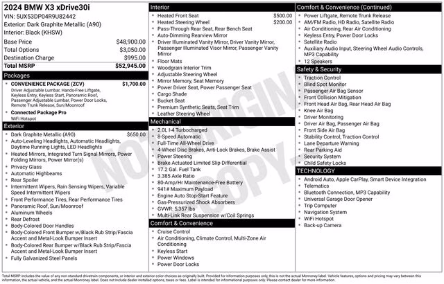2024 Black BMW X3 xDrive30i AWD SUV