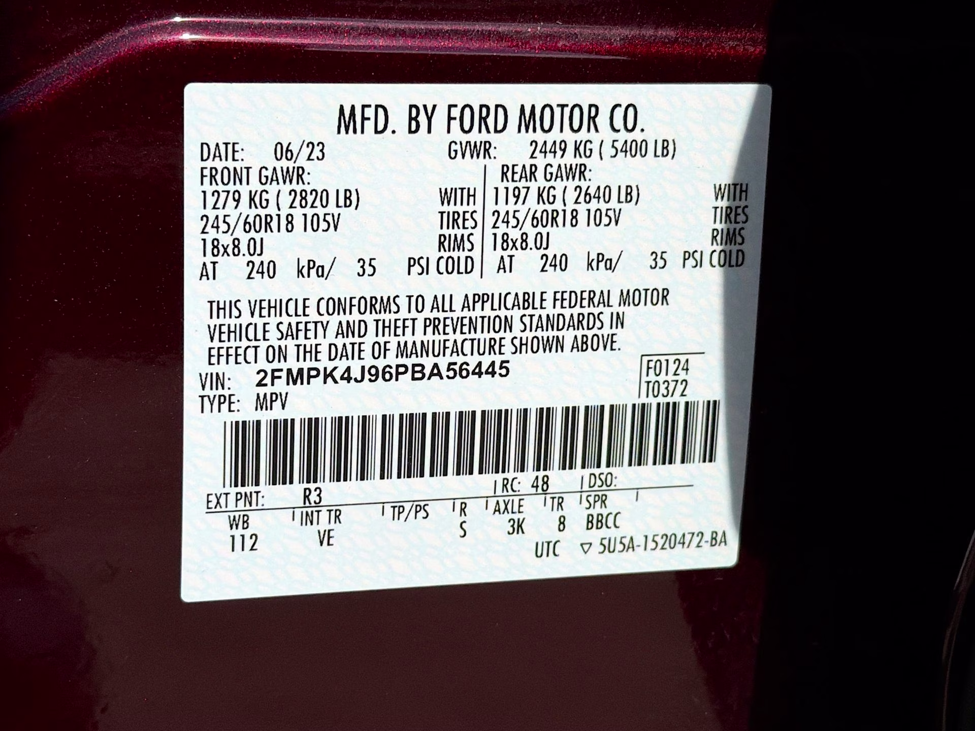 2023 Burgundy Velvet Metallic Tinted Clearcoat Ford Edge SEL AWD SUV