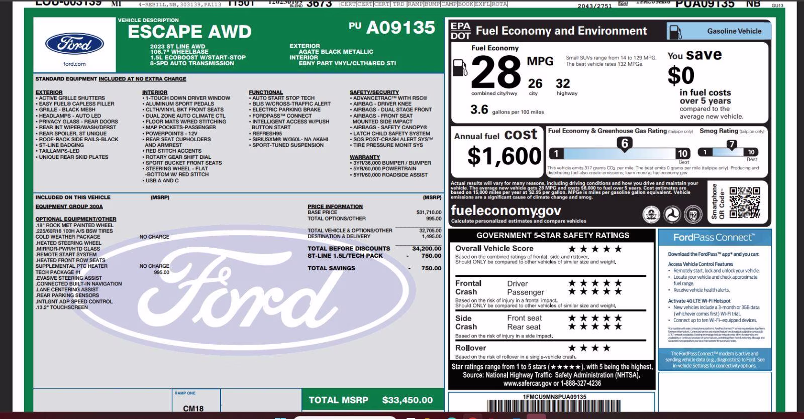 2023 Agate Black Ford Escape ST-Line AWD SUV