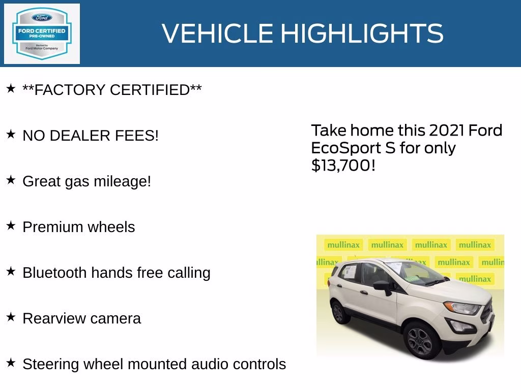 2021 Diamond White Ford EcoSport S FWD SUV
