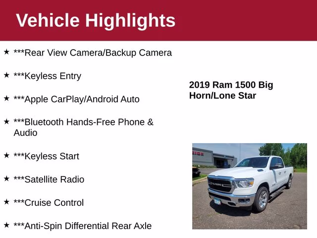 2019 Bright White Clearcoat Ram 1500 Big Horn 4X4 Truck