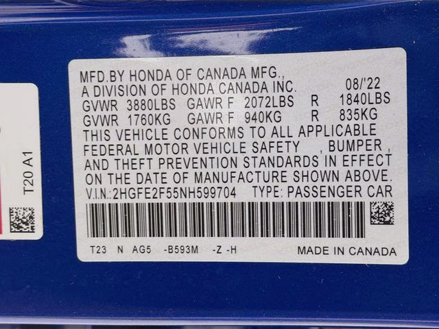 2022 Aegean Blue Metallic Honda Civic Sport FWD Sedan